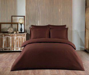 Постільна білизна однотонного шоколадного кольору Horizontal Stripe Sateen Koyu Kahve Євро