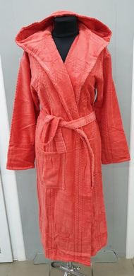Жіночий халат велюр бавовна довгий рожевий з капюшоном 2XL