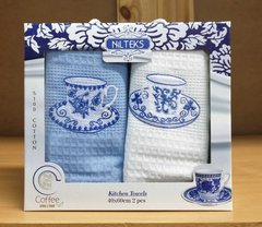 Вафельные кухонные полотенца 40x60 (2шт.) Чайный голубой сервиз