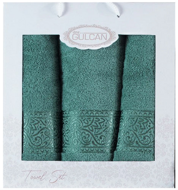 Набір зелених махрових рушників Cotton (3 шт) з бавовни.