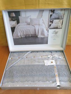 Кружевное жаккардовое покрывало серое Azez Gray 240х260