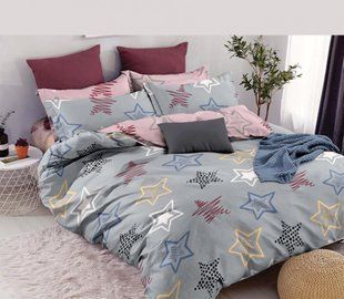Бязевий комплект постільної білизни Зірок Комбі Pink-Grey Євро