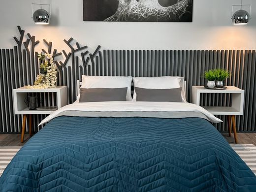 Стеганое покрывало Zigzag grey+indian teal двустороннее 200х220