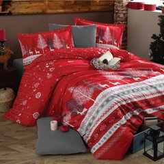 Красное новогоднее постельное белье с оленями из ранфорса Евро