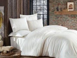 Постельное белье Sateen Giza V1 кремовое с кружевом 240х260