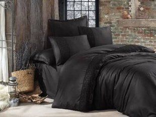 Постельное белье Sateen Giza V2 черное с кружевом Евро