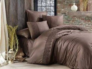 Постельное белье Sateen Giza V3 коричневое с кружевом Евро