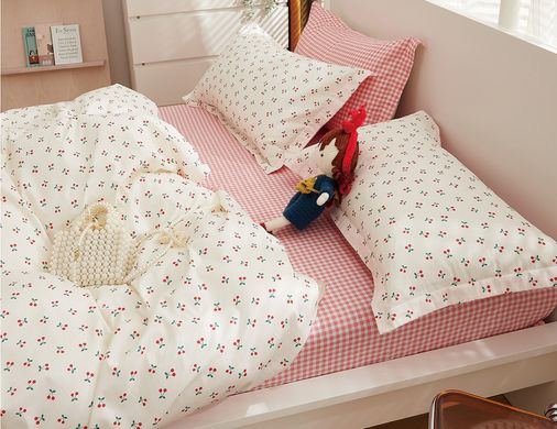 Набор постельного белья сатин Y230-025 Вишенки бело-розовый Полуторный