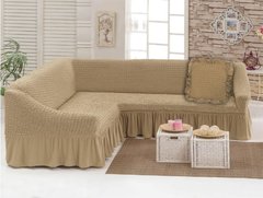 Чохол натяжна на кутовий диван з подушкою бежевий (33)
