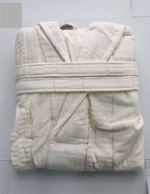 Жіночий халат велюр бавовна бавовна короткий кремовий з капюшоном L / XL