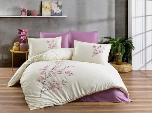 Постільний набір ліловий Satin Deluxe з вишивкою Квіти Євро