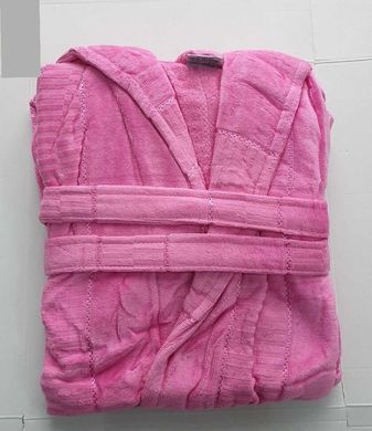 Жіночий халат велюр бавовна бавовна короткий рожевий з капюшоном L / XL